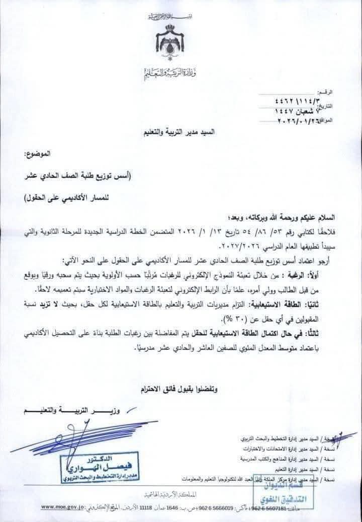 وزارة التربية تصدر تعليمات جديدة تتعلق باختيار الحقول لجيل 2010